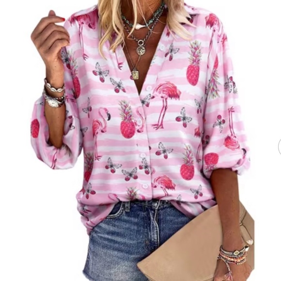 nlife Tops - Pink & White Tropical Flamingo Button-Up Blouse